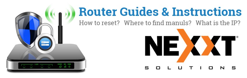 Image of a Nexxt Solutions router with 'Router Reset Instructions'-text and the Nexxt Solutions logo